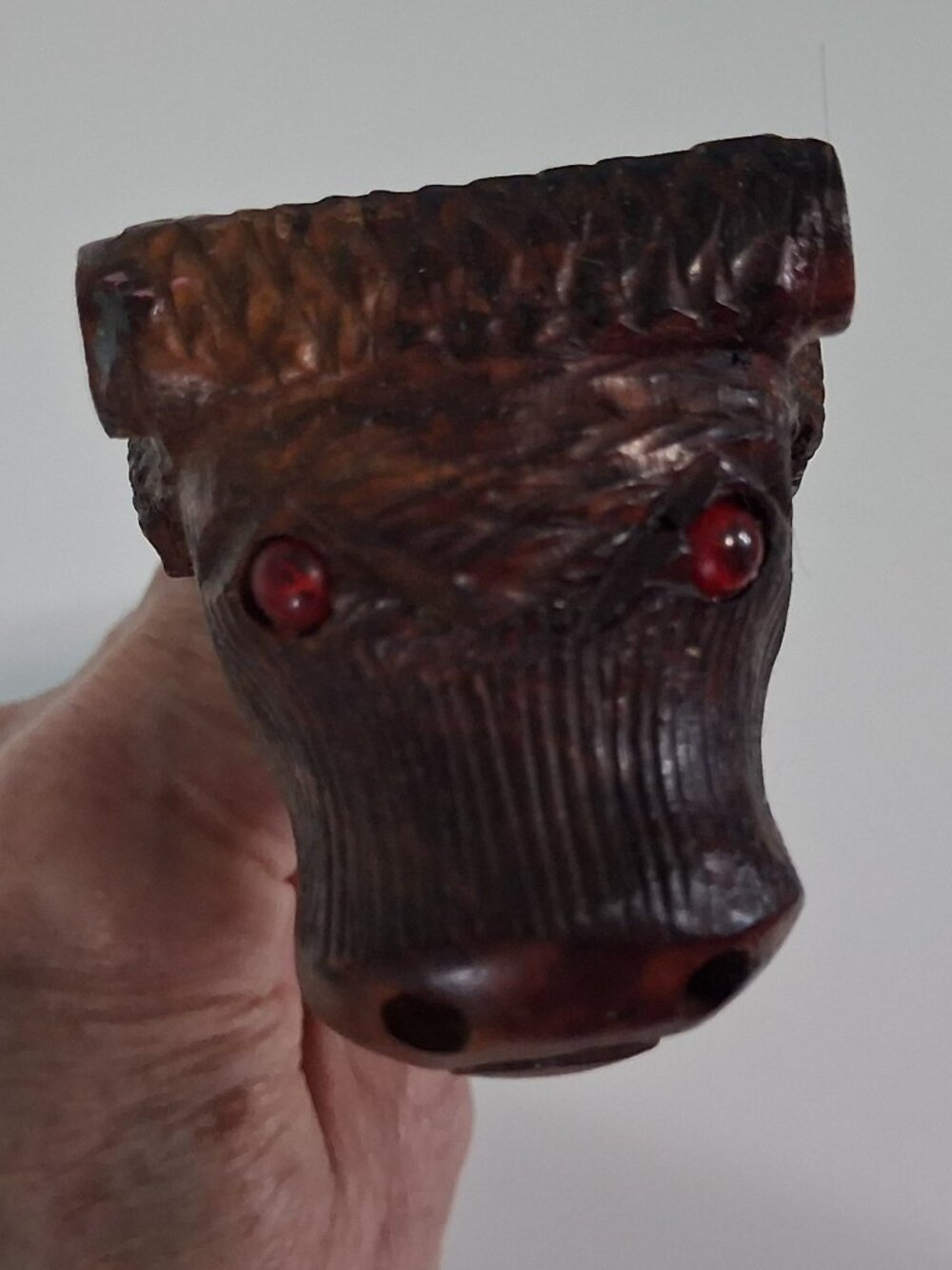 Antique Hand Carved Bull's Head Wood Tobacco Smoking Pipe, horns missing